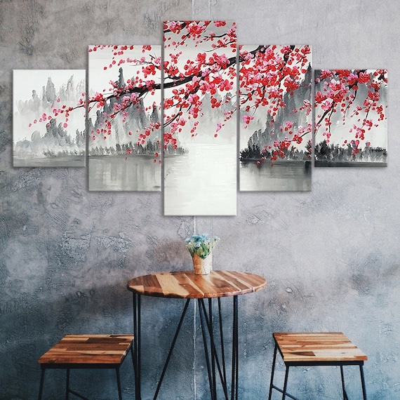 Chinese Sakura Scenery Painting 5 Piece Five Panel Wall Canvas