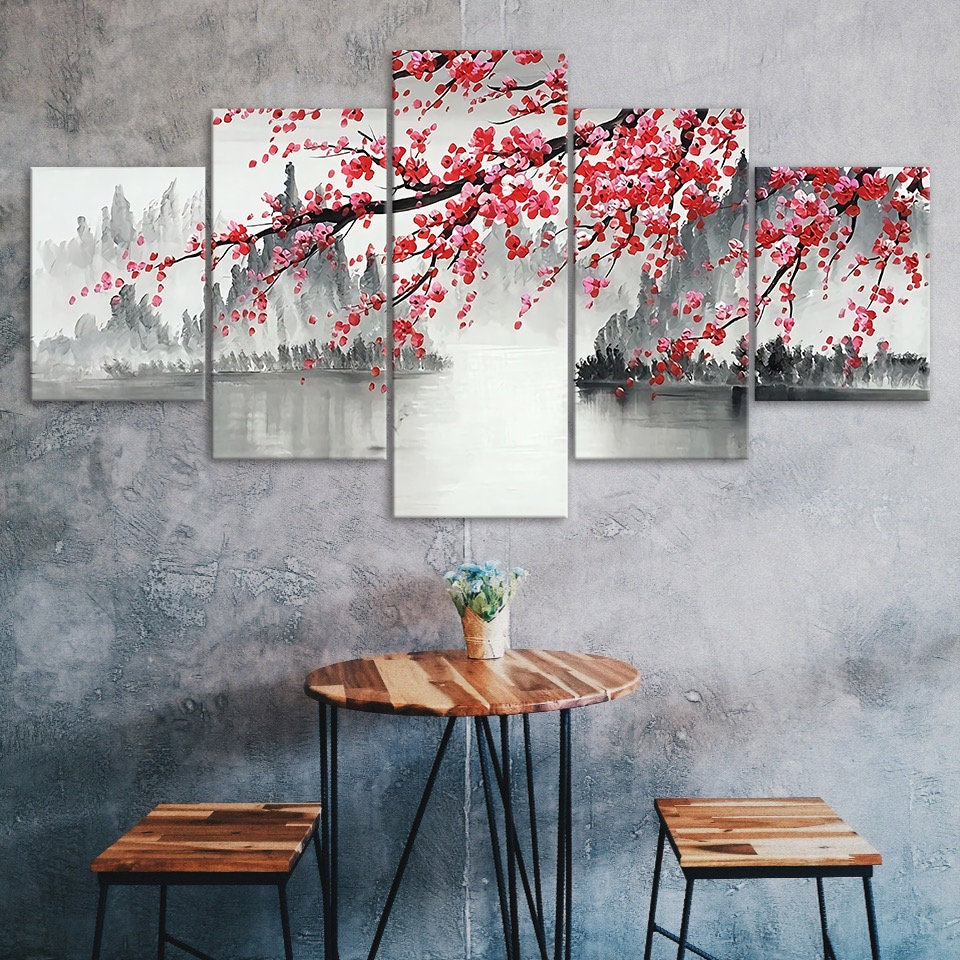 Chinese Sakura Scenery Painting 5 Piece Five Panel Wall Canvas