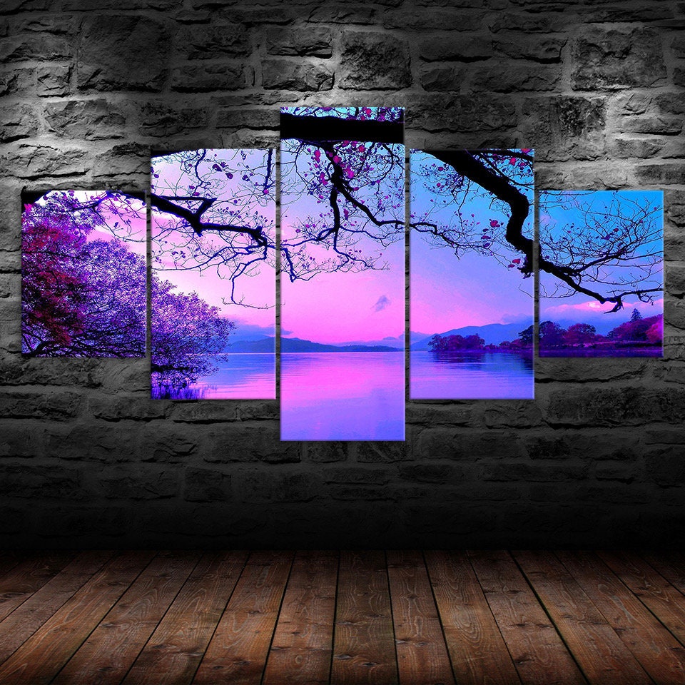 Purple Trees Lake Sunset Nature Landscape Canvas 5 Piece Five
