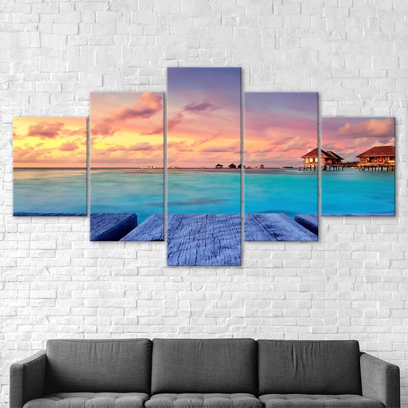 Ocean View Resort Sunrise Seascape 5 Piece Five Panel Wall Canvas Print ...