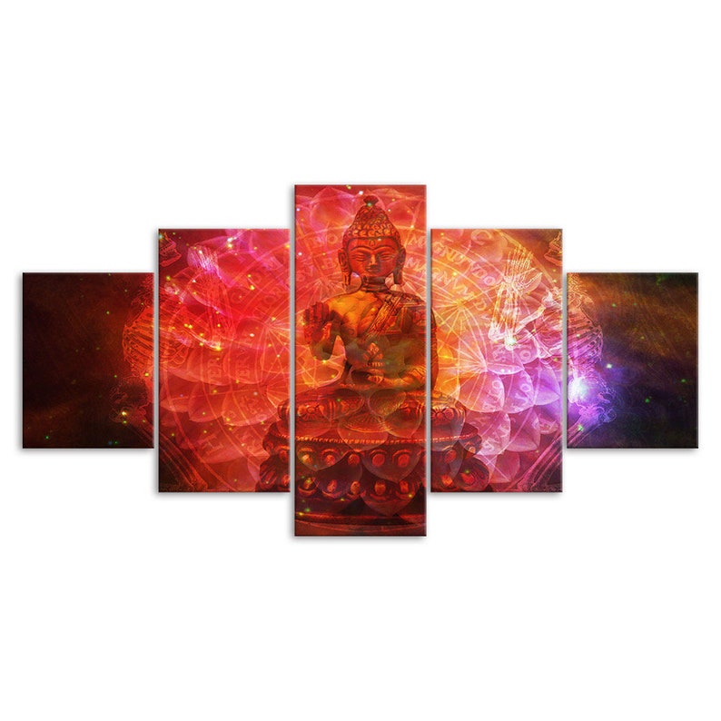 Buddha Statue Mystic Cosmos Scenery 5 Piece Five Panel Wall Canvas ...