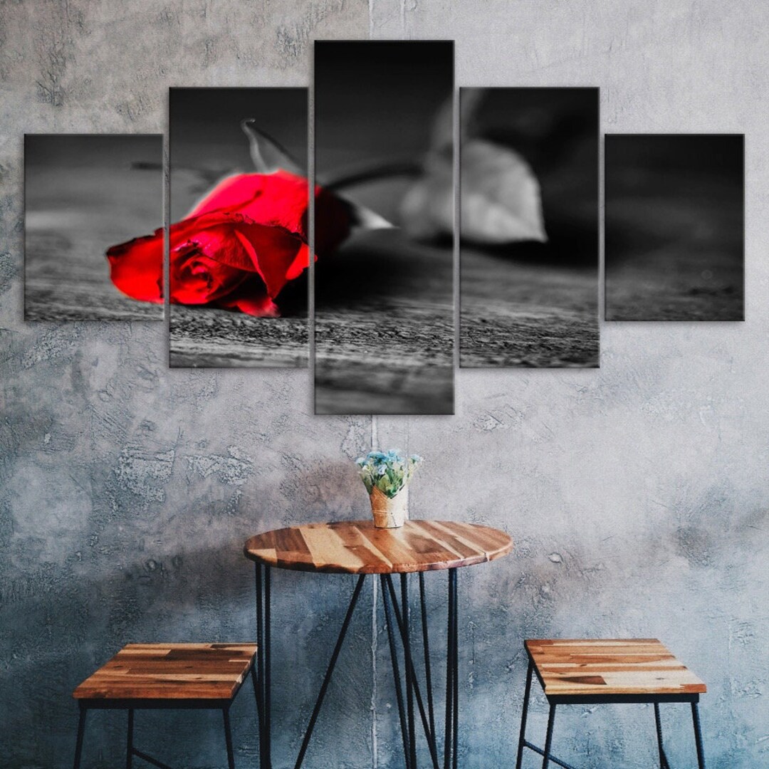 Red Rose Flower Scene 5 Piece Five Panel Wall Canvas Print Modern Art ...