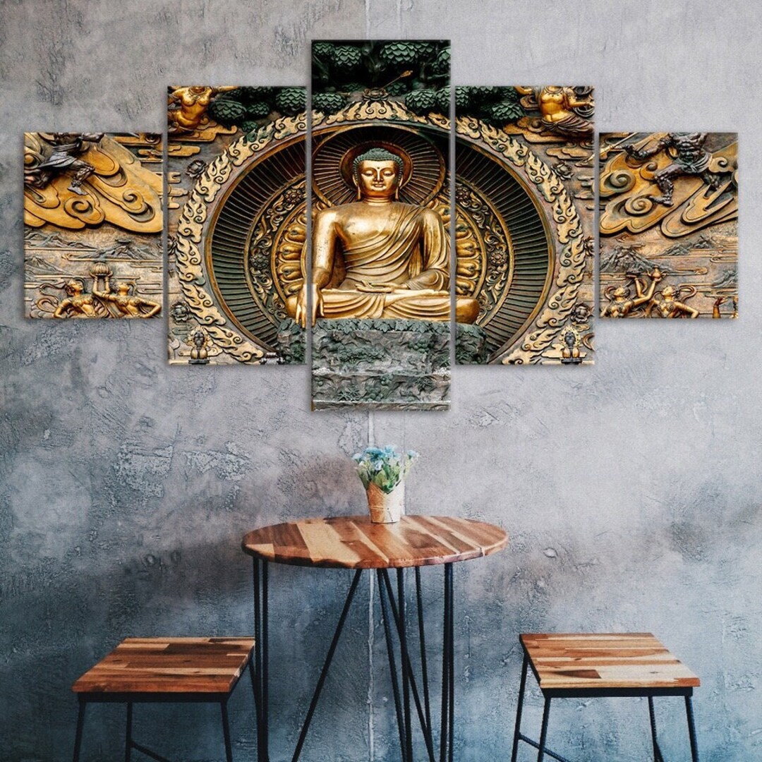 Buddha Statue Sculpture Canvas 5 Piece Wall Print Five Panel Modern Art ...