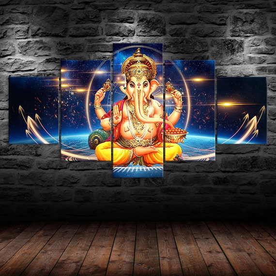Hindu Elephant Head God Lord Ganesha 5 Piece Five Panel Wall