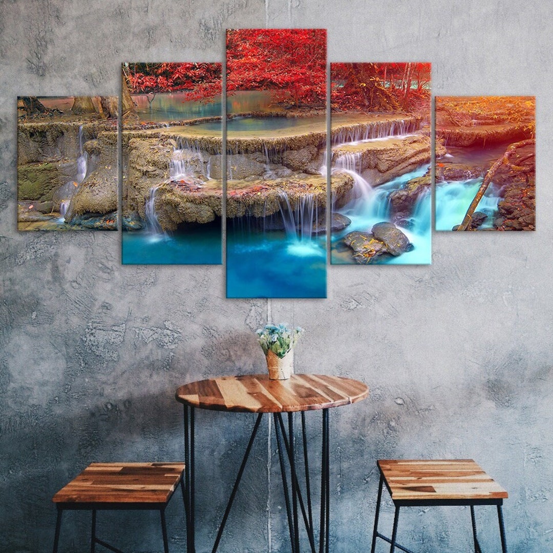 Red Leaf Tree Waterfall Nature Scenery 5 Piece Five Panel Wall Canvas ...
