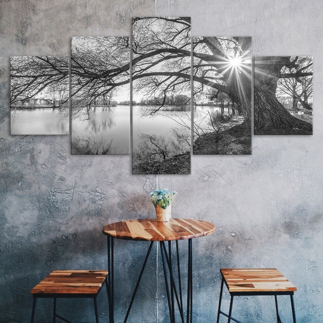 Black and White Lonely Tree Lake Sun Beams Scenery Canvas 5 Piece