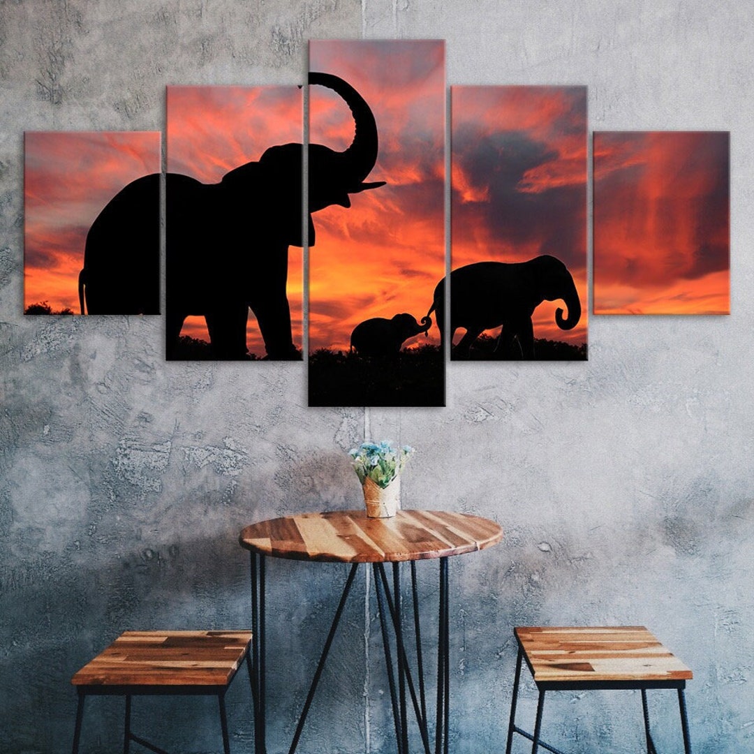 Elephant Silhouette Beautiful Sunset Scenery 5 Piece Canvas Wall Art ...