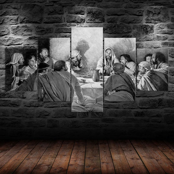 Jesus Christ the Last Supper Black White Scene 5 Piece Canvas Wall