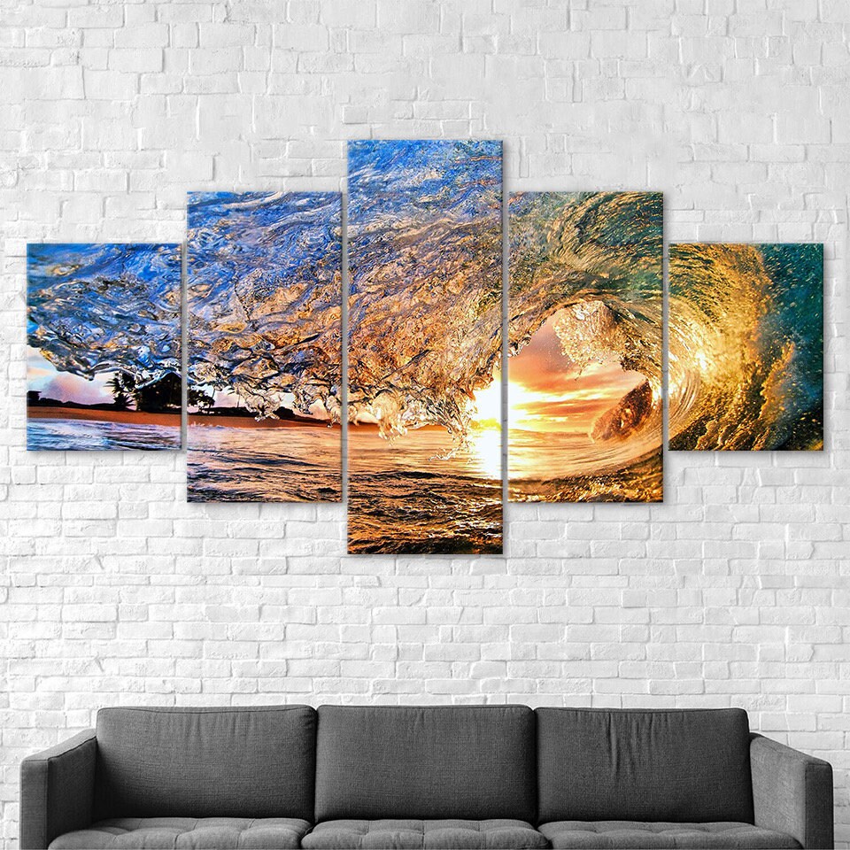 Ocean Wave Sunset Beach Scenery 5 Piece Five Panel Canvas Print Modern ...
