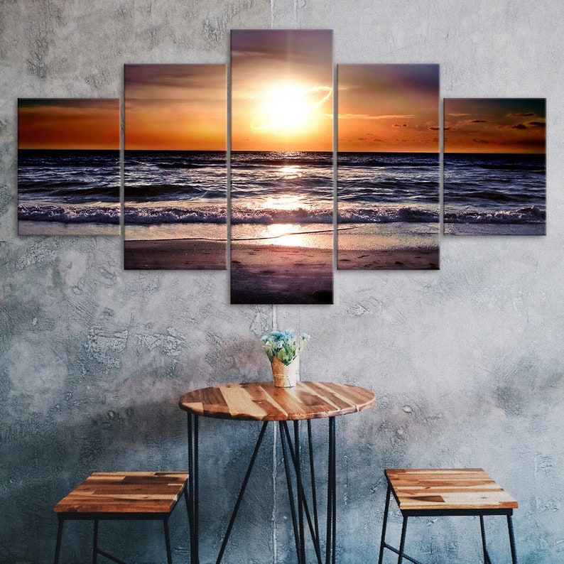 Sunset Beach Sea Waves Canvas 5 Piece Five Panel Wall Print Modern Art ...