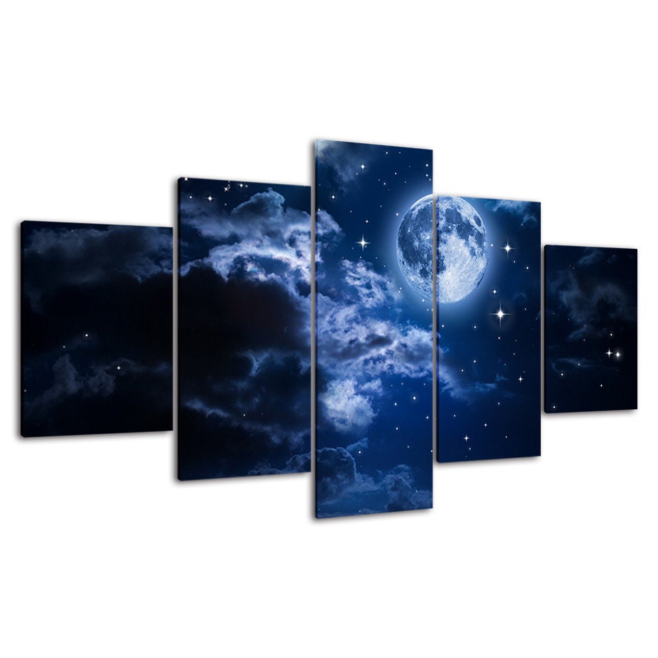 Full Moon Cloudy Starry Night Sky 5 Piece Canvas Wall Art Multi Panel ...