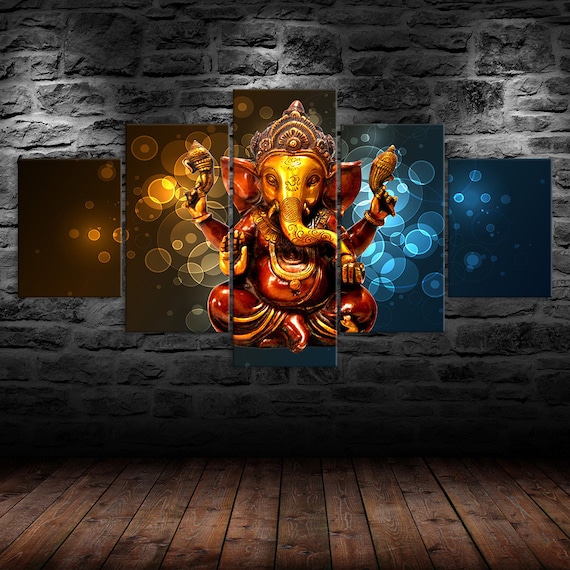 Ganesha Hindu God Elephant Trunk 5 Piece Five Panel Wall Canvas