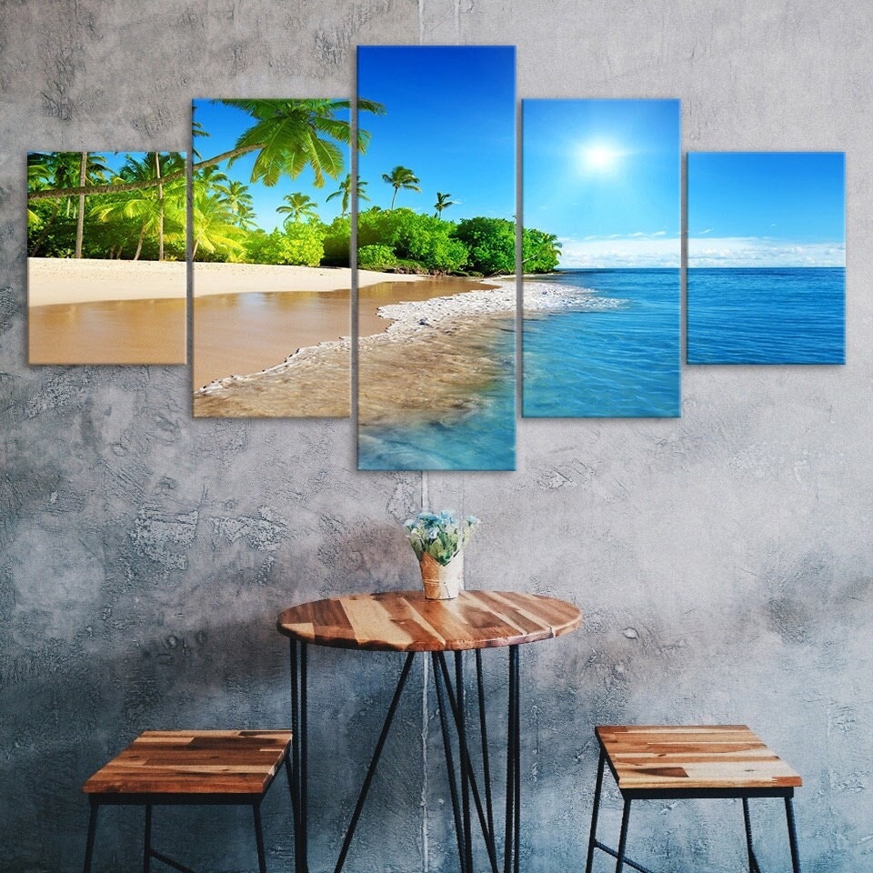 Tropical Island Beach Seashore Sunshine 5 Piece Five Panel Wall Canvas Print Modern Art Poster Picture Home Decor Gift For Him For Her