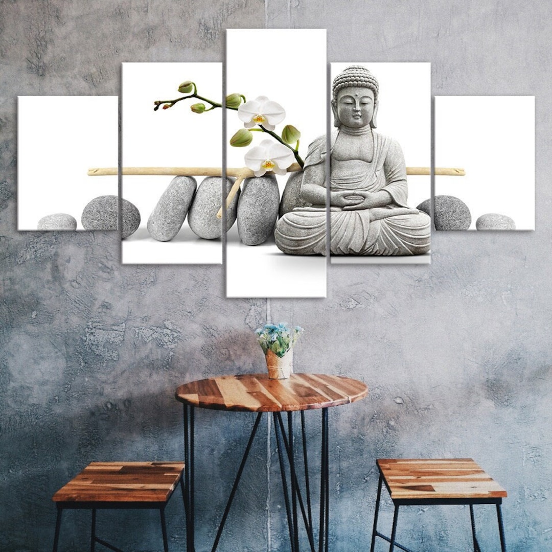 Buddha Statue White Orchid Flowers 5 Piece Five Panel Wall Canvas Print ...