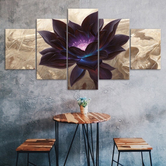 Black Lotus Flower Magic 5 Piece Five Panel Wall Canvas Print