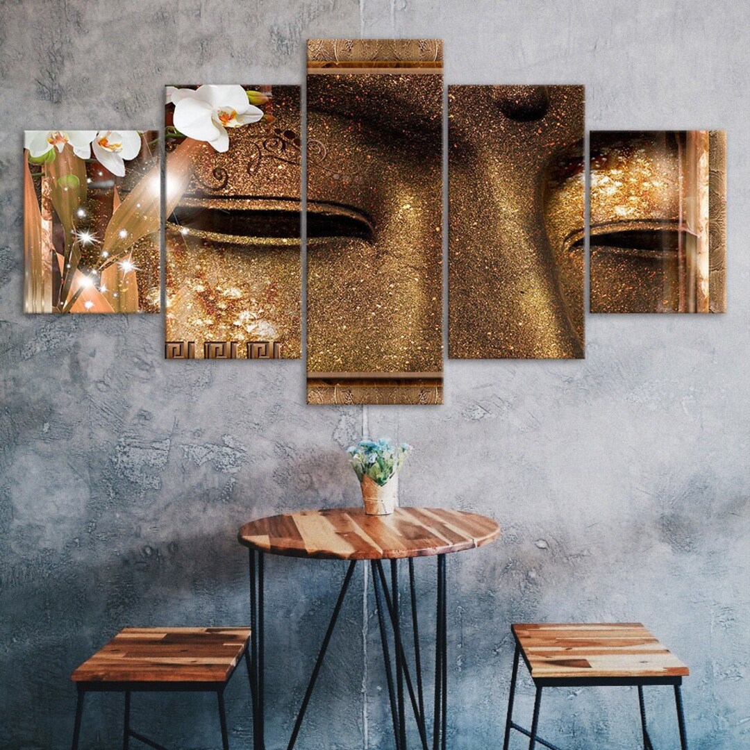 Golden Buddha Statue 5 Piece Five Panel Wall Canvas Print Modern Art ...