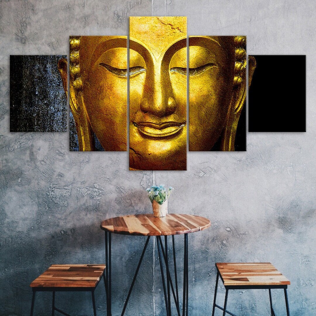 Golden Buddha Face Statue Canvas 5 Piece Wall Print Multi Panel Modern ...