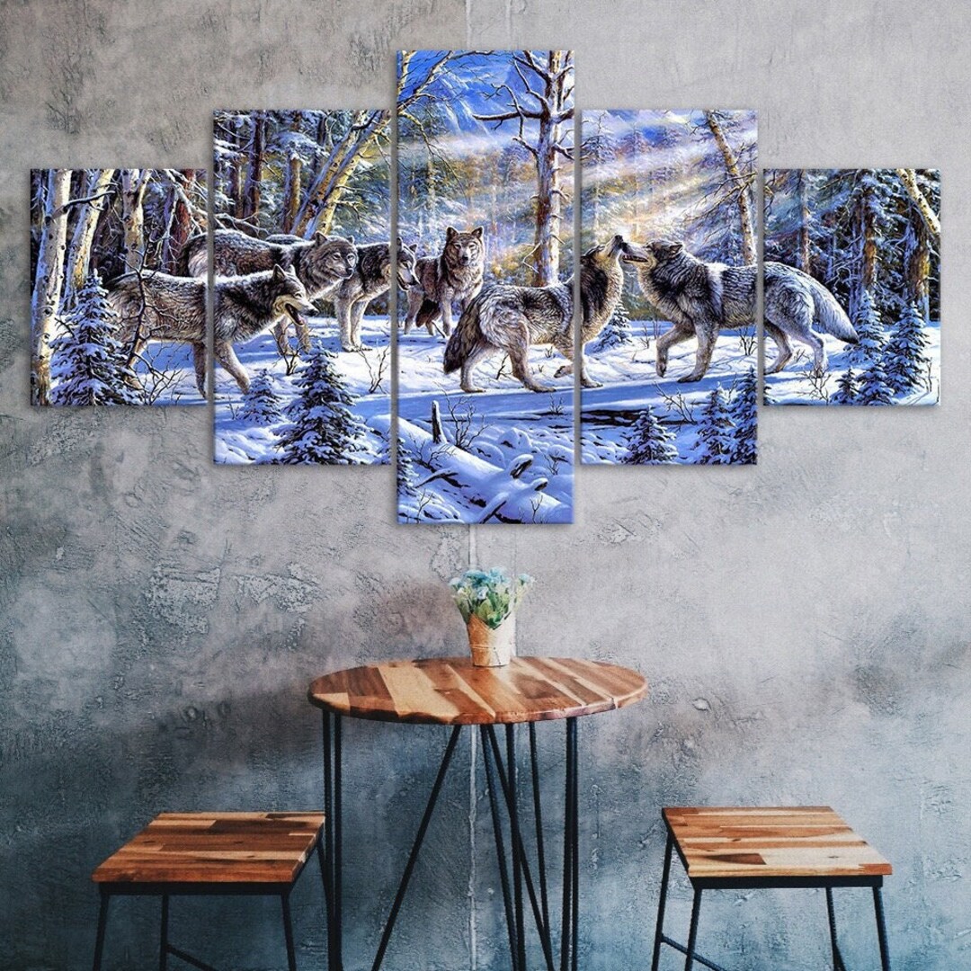 Wolf Pack Winter Forest Scenery Painting 5 Piece Five Panel Wall Canvas ...
