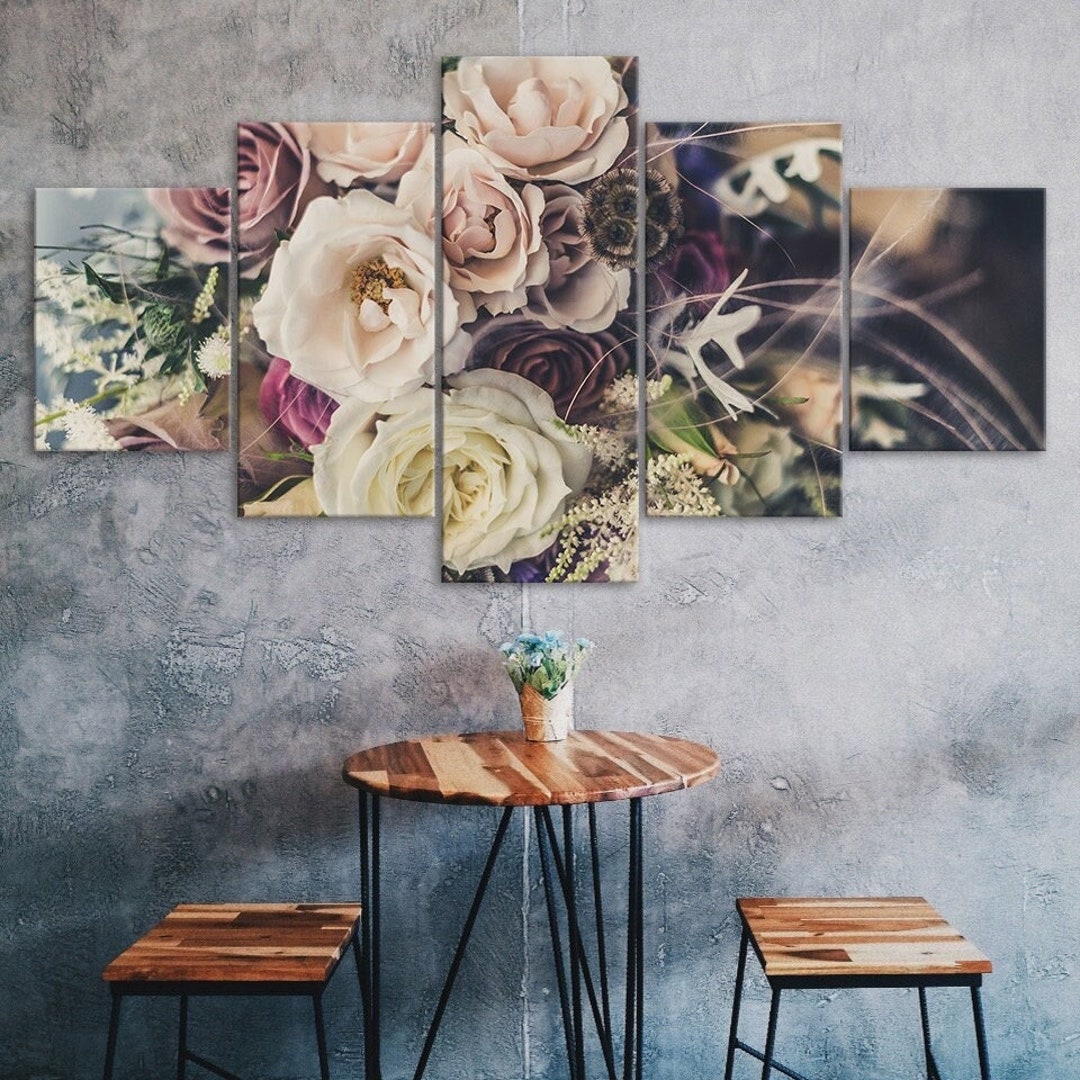 Rose Flower Bouquet Scene 5 Piece Five Panel Wall Canvas Print Modern ...