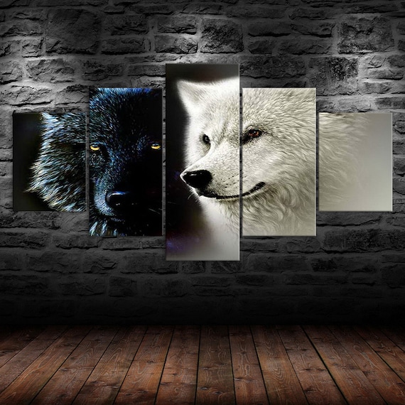 Black and White Wolves 5 Piece Canvas Wall Art Multi Panel Print