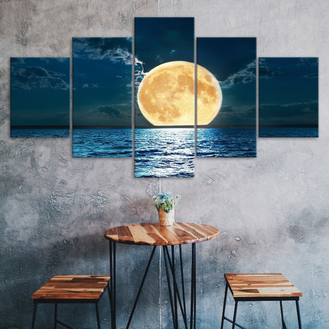 Full Moon Ocean Dark Night Canvas 5 Piece Five Panel Wall Print Modern ...