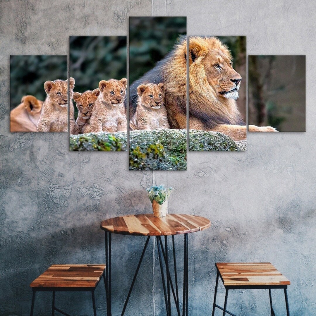Lion Family Scene 5 Piece Five Panel Wall Canvas Print Modern Art ...