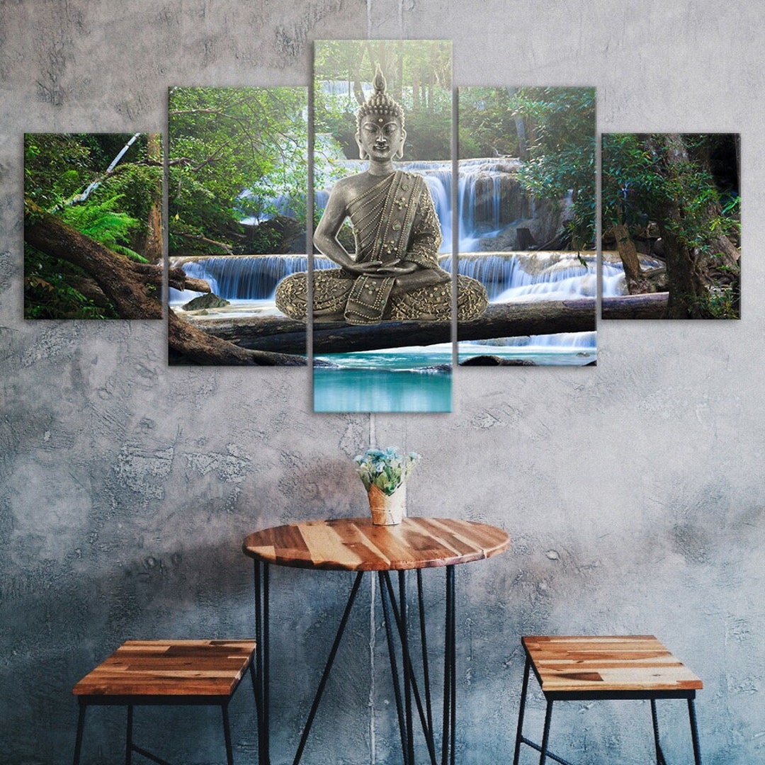 Buddha Waterfall Scene 5 Piece Five Panel Wall Canvas Print Modern Art ...
