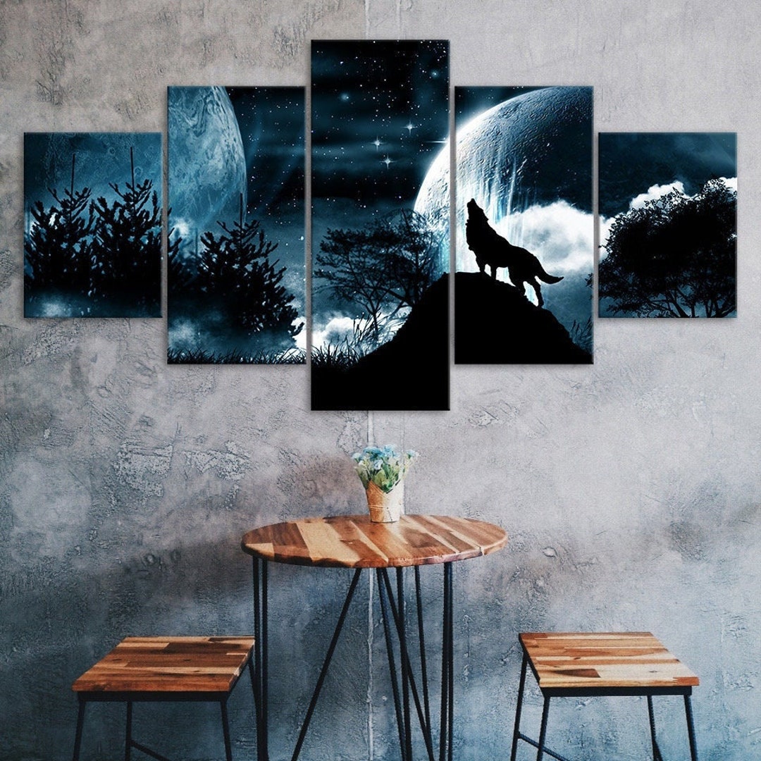 Full Moon Night Starry Sky Wolf Roar 5 Piece Five Panel Wall Canvas ...