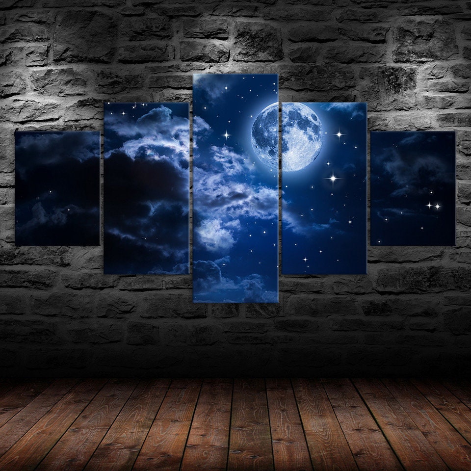 Full Moon Cloudy Starry Night Sky 5 Piece Canvas Wall Art Multi Panel ...