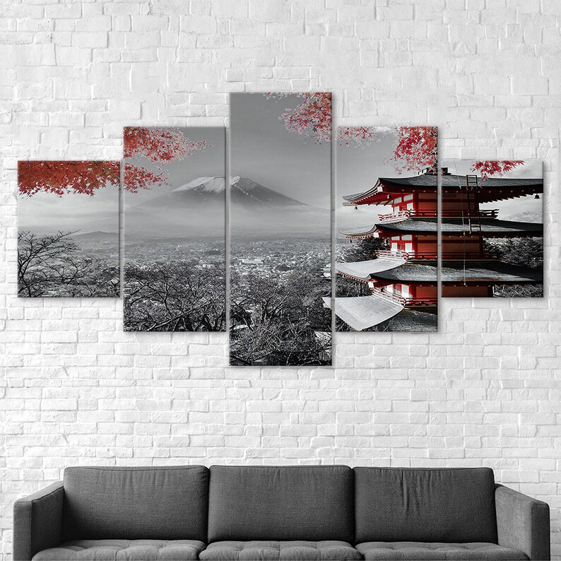 Japanese Temple Mount Fuji 5 Piece Canvas Wall Art Multi Panel Print ...
