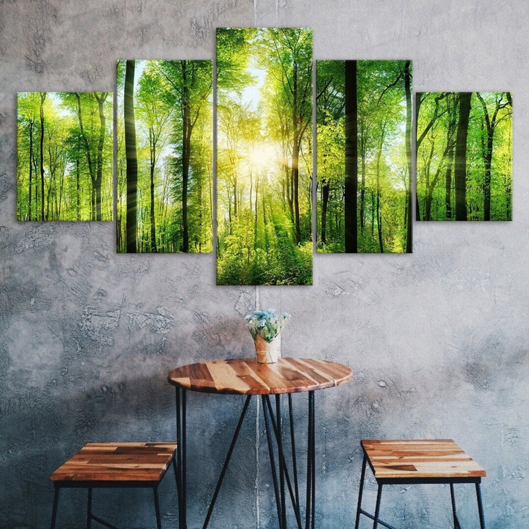 Green Forest Sun Rays Sunshine Scenery 5 Piece Canvas Wall Art Multi ...