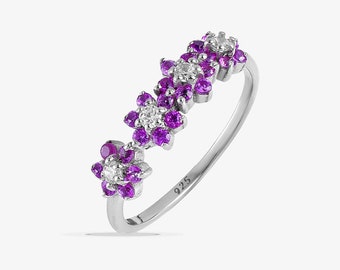 Birthstone Floral Ring, Gemstone Flower Ring, Multi-Stone Family Ring, Dainty Engagement Ring, Rings for Women, Birthday Gift for Her, Stack