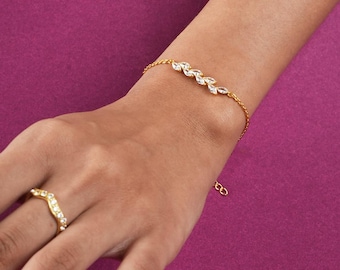 Marquise Diamond Leaf Bracelet, Olive Branch Leaf Bracelet, Silver Bracelet for Women, Stackable, Gold Leaf Adjustable Bracelet Gift for Her