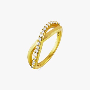 Gold Criss Cross Ring, Gold X Ring, Cz Crossover Rings for Women, Statement Ring, Double Band Ring, Half Eternity Ring, Minimalist Ring