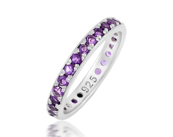 Amethyst Eternity Ring, Dainty Stacking Purple Diamond Ring, Minimalist Gemstone Jewelry, Birthday Gift for Her, Princess-cut Gemstone Ring