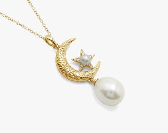 Sichel Mond & Stern Perlen Anhänger, vergoldeter 925 Silber Celestial Schmuck, Süßwasser Perle Drop, Zierliche Mond Phase Halskette Geschenk für Sie