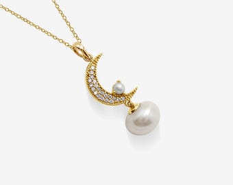 Halbmond Perle Anhänger Halskette, Zierliche himmlische Schmuck Geschenk für Sie, Kristall Mond Halskette, Minimalistischer Hochzeit Brautjungfer Schmuck