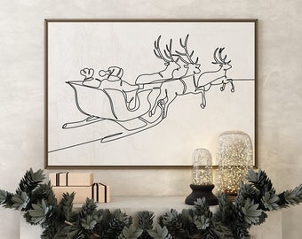 Deer Santa Line Art, Minimalist Christmas Print Set, Reindeer Sleigh, Santa Claus Printable, Holiday Printables, Christmas B&W, Instant Art