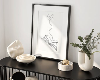 Book & Butterfly Print, Reading One Line Drawing, Bookish Print Set, Bookworm Printable Art, Book Wall Art, Book Lover Gift, Book Line Art