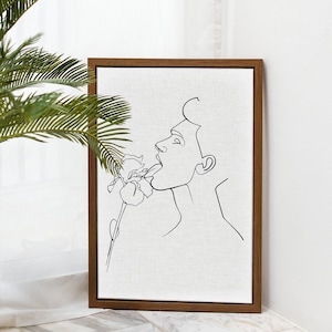Impresión de arte lineal de hombre y flor, dibujo imprimible, arte floral, arte mural gay, arte abstracto gay, cuerpo masculino, niño en la naturaleza, póster de rostro masculino