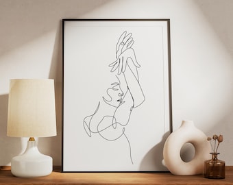 Woman Dancing Pose One Line Art Printable, Minimalist Female Line Drawing, Digital Download Art, Modern Dance Pose Print, Abstract Woman