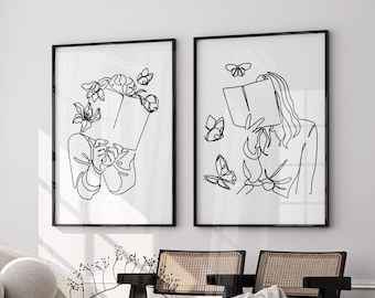 Woman Reading Book Line Art Set, Women Reading & Butterflies Line Drawing, One Line Female Digital Prints, Book With Flowers Printable