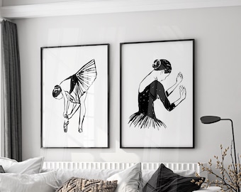 Set of 2 Ballerina Prints, Line Art Dancer Wall Art (Digital Download)