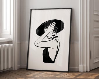 Minimalist Woman Line Art Print, Black White Fashion Poster (Digital Download)