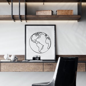 Weltkarte zum Ausdrucken, Globus Linie Kunst, Erde Linie Zeichnung, One Line World, schwarz und weiß, moderne Wandkunst, Erde Poster, SVG & PNG Clipart
