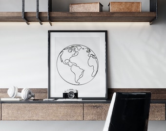 World Map Printable, Globe Line Art, Earth Line Drawing, One Line World, Black and White, Modern Wall Art, Earth Poster, SVG & PNG Clipart