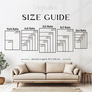 May include: A Digitaline size guide chart displaying various print ratios including 11x14, 4x5, 2x3, 5x7, and 3x4 with specific dimensions in inches and centimeters. Below the chart, a beige sofa is shown with a note stating sofa size is approx. 85 in.