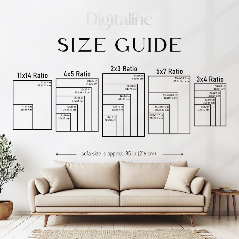 May include: A Digitaline size guide chart displaying various print ratios including 11x14, 4x5, 2x3, 5x7, and 3x4 with specific dimensions in inches and centimeters. Below the chart, a beige sofa is shown with a note stating sofa size is approx. 85 in.