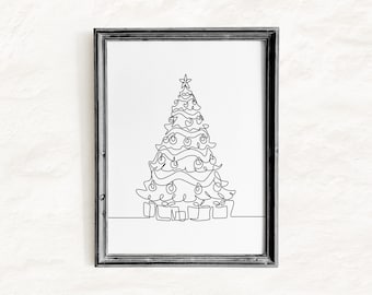 Illustration minimaliste d'un sapin de Noël à imprimer, dessin au trait, décoration de Noël moderne, téléchargement numérique
