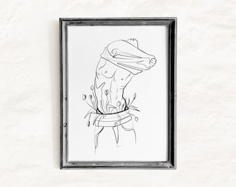 Man Line Art Print, Printable Wall Art, Line Art Print, Line Art Man, Male Body, Floral Art, Gay Art, Gay Print, Shirtless, Digital Download